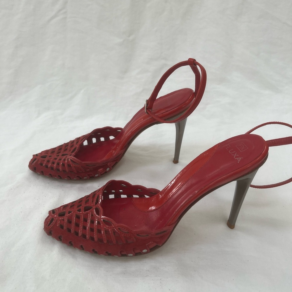 Fluxa Red Sandals 6.5 Metal Heels Leather woven patent ankle-strap slingback
